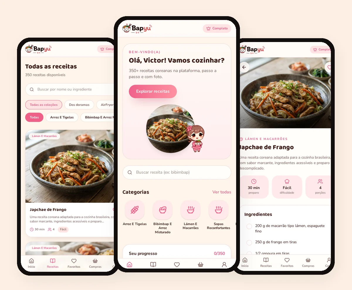 Telas reais da plataforma: lista de receitas, início e página de receita com ingredientes